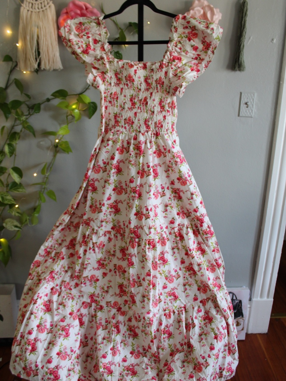 Altar’d State Pink Floral Smocked Puff Sleeve Cotton Maxi Dress XS | MSRP $99